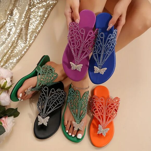 Boho Rhinestone Slide Sandals – Glitter Embellished, Comfy Summer Slip-ons - Picture 1 of 10
